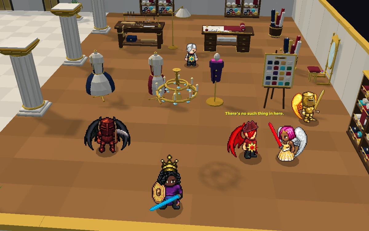 Contractors in obsidian armour with demon wings, celestial armour with golden wings, and a crimson captain’s hat with blood wings, trying on looks in the Atelier