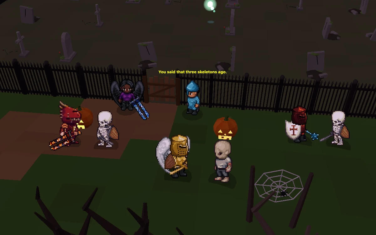 Three Contractors in dragon, celestial and obsidian armour fighting skeletons and a zombie outside the Hollow’s graveyard at dusk